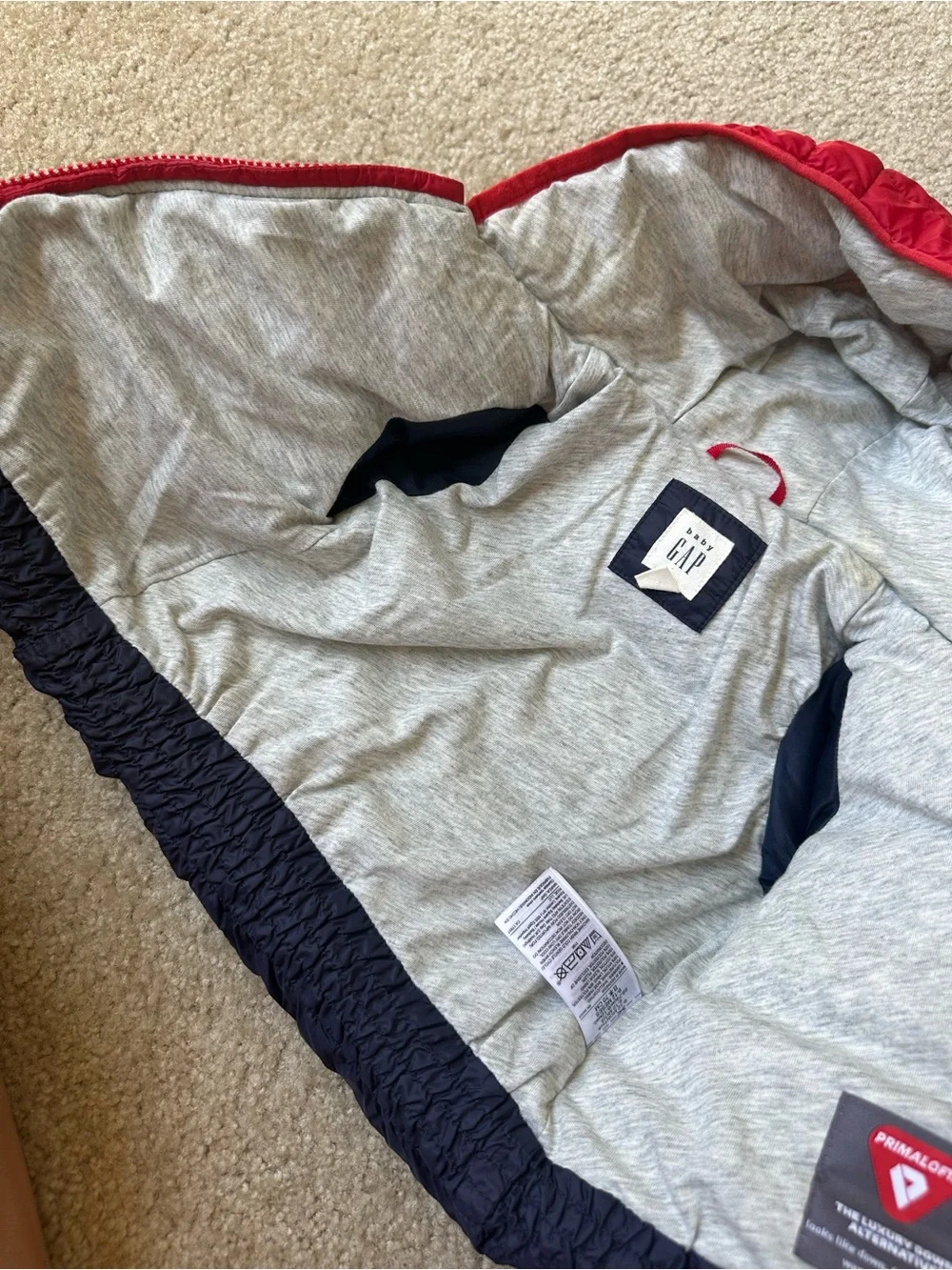 Baby GAP PrimaLoft Navy Red Hooded Puffer Jacket 6–12 Months